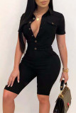 Black Casual Solid Patchwork Buckle Turndown Collar Regular Rompers