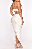 Green Sexy Solid Hollowed Out Patchwork Slit Fold Strapless Pencil Skirt Dresses