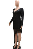 Black Elegant Solid Tassel Sequins Patchwork V Neck Irregular Dress Dresses