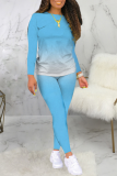 Sky Blue Casual Gradual Change Patchwork O Neck Long Sleeve Two Pieces