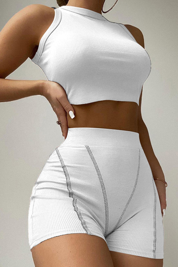 White Fashion Casual Solid Basic O Neck Sleeveless Two Pieces