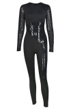 Black Fashion Sexy Patchwork See-through O Neck Skinny Jumpsuits
