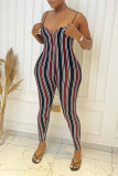 Brown Sexy Striped Print Patchwork Zipper Spaghetti Strap Regular Jumpsuits
