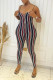 Brown Sexy Striped Print Patchwork Zipper Spaghetti Strap Regular Jumpsuits