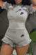 Grey Fashion Sportswear Print Patchwork O Neck Short Sleeve Two Pieces