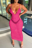 Rose Red Sexy Solid Sequins Patchwork See-through Spaghetti Strap Sling Dress Dresses