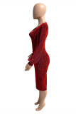 Red Fashion Casual Bronzing Bright Silk V Neck Long Sleeve Dresses
