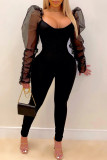 Black Fashion Solid Patchwork O Neck Skinny Jumpsuits