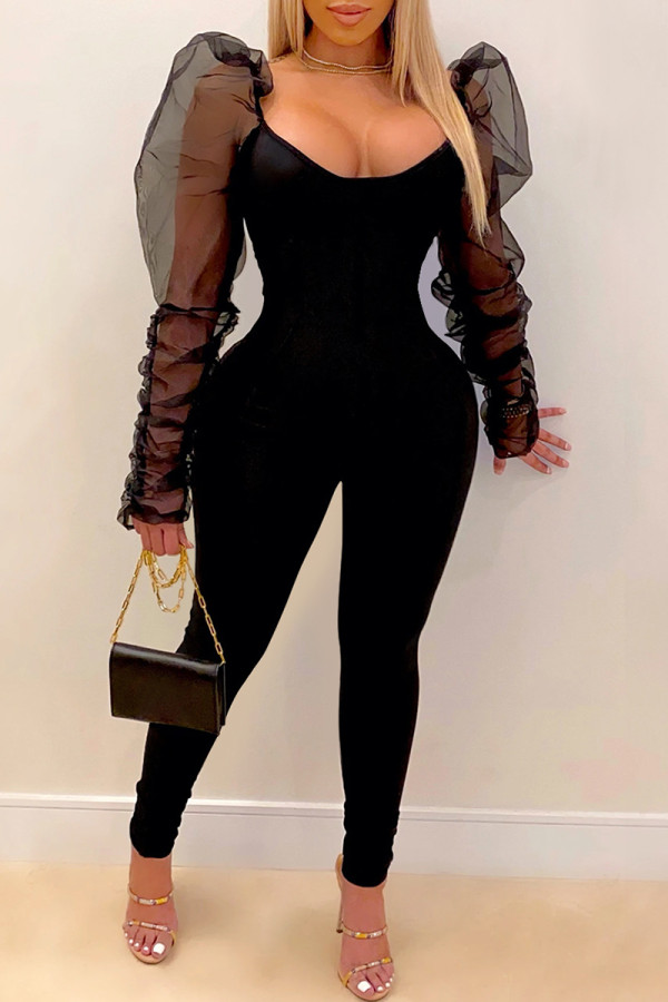 Black Fashion Solid Patchwork O Neck Skinny Jumpsuits