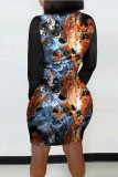 Multicolor Fashion Casual Print Patchwork Slit O Neck Long Sleeve Dresses