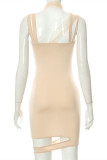Apricot Fashion Sexy Solid Hollowed Out Patchwork Spaghetti Strap Irregular Dress