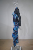 Blue Black Fashion Sexy Print Patchwork See-through O Neck Skinny Jumpsuits