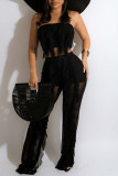 Black Sexy Solid Patchwork See-through Flounce Strapless Sleeveless Two Pieces