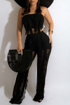 Black Sexy Solid Split Joint See-through Flounce Strapless Sleeveless Two Pieces