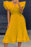 Yellow Casual Solid Flounce Cross Straps V Neck Cake Skirt Dresses