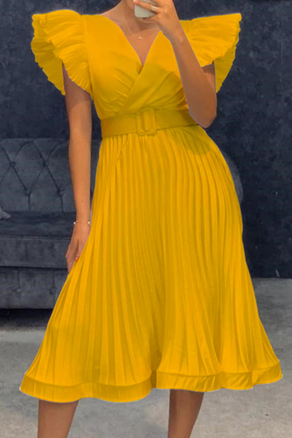 Yellow Casual Solid Flounce Cross Straps V Neck Cake Skirt Dresses