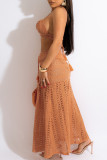Orange Sexy Solid Bandage Hollowed Out See-through Backless Sleeveless Two Pieces