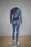 Blue Black Fashion Sexy Print Patchwork See-through O Neck Skinny Jumpsuits