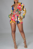 Multicolor Fashion Casual Print Bandage V Neck Long Sleeve Two Pieces