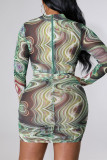 Multicolor Fashion Sexy Print Basic Zipper Collar Long Sleeve Dresses