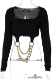 Black Sexy Solid Patchwork Chains Square Collar Tops