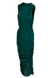 Green Sexy Casual Solid Slit Fold O Neck Sleeveless Dress