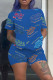 Blue Fashion Casual Print Basic O Neck Short Sleeve Two Pieces