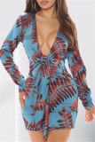 Pink Fashion Sexy Print Bandage V Neck Long Sleeve Dresses