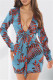 Blue Fashion Sexy Print Bandage V Neck Long Sleeve Dresses