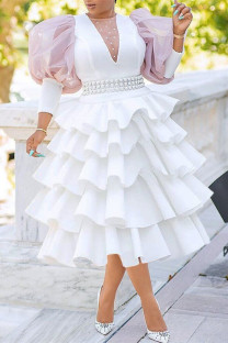 White Fashion Casual Patchwork See-through Beading O Neck Cake Skirt Dresses