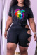 Black Casual Sportswear Print Patchwork O Neck Short Sleeve Two Pieces