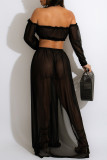 Black Fashion Sexy Solid Slit Party Off the Shoulder Long Sleeve Two Pieces