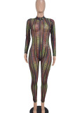 Black Sexy Print Patchwork See-through Half A Turtleneck Regular Jumpsuits