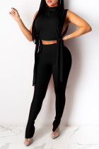 Black Sexy Solid Bandage Split Joint Half A Turtleneck Sleeveless Two Pieces