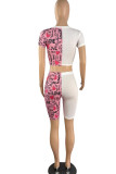 Pink Casual Print Patchwork O Neck Short Sleeve Two Pieces