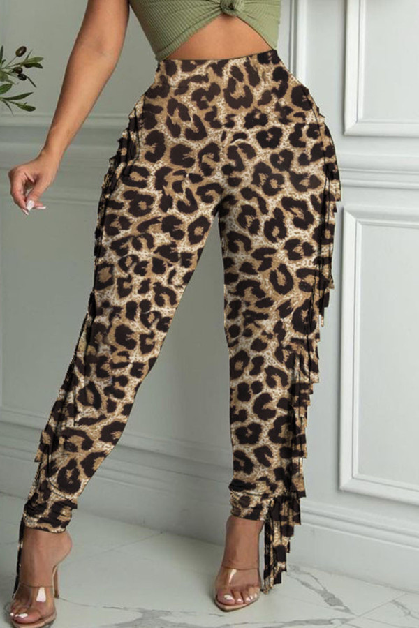 Leopard Print Fashion Casual Print Leopard Camouflage Print Tassel Patchwork High Waist Pencil Full Print Bottoms
