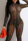 Black Sexy Print Patchwork See-through Half A Turtleneck Regular Jumpsuits