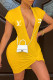 Yellow Fashion Casual Print Letter V Neck One Step Skirt Dresses