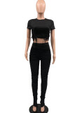 Red Sexy Solid Patchwork Draw String Fold O Neck Short Sleeve Two Pieces