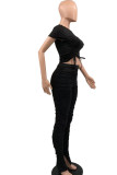 Red Sexy Solid Patchwork Draw String Fold O Neck Short Sleeve Two Pieces