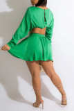 Blue Casual Solid Patchwork O Neck Long Sleeve Two Pieces