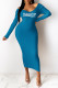 Blue Fashion Sexy Print Letter V Neck One Step Skirt Dresses