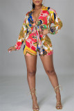 Multicolor Fashion Casual Print Bandage V Neck Long Sleeve Two Pieces