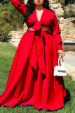 Red Fashion Casual Solid Bandage V Neck Long Sleeve Two Pieces