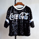 Black Fashion Street Letter Sequins Patchwork O Neck T-Shirts