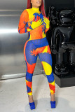 Multi-color Sexy Print Patchwork See-through Half A Turtleneck Regular Jumpsuits (Including Gloves)