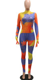 Multi-color Sexy Print Patchwork See-through Half A Turtleneck Regular Jumpsuits (Including Gloves)