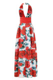 Red Fashion Sexy Print Backless Halter Sleeveless Dress