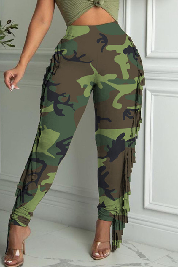 Camouflage Fashion Casual Print Leopard Camouflage Print Tassel Patchwork High Waist Pencil Full Print Bottoms