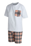 White Fashion Casual Plaid Split Joint O Neck Short Sleeve Two Pieces